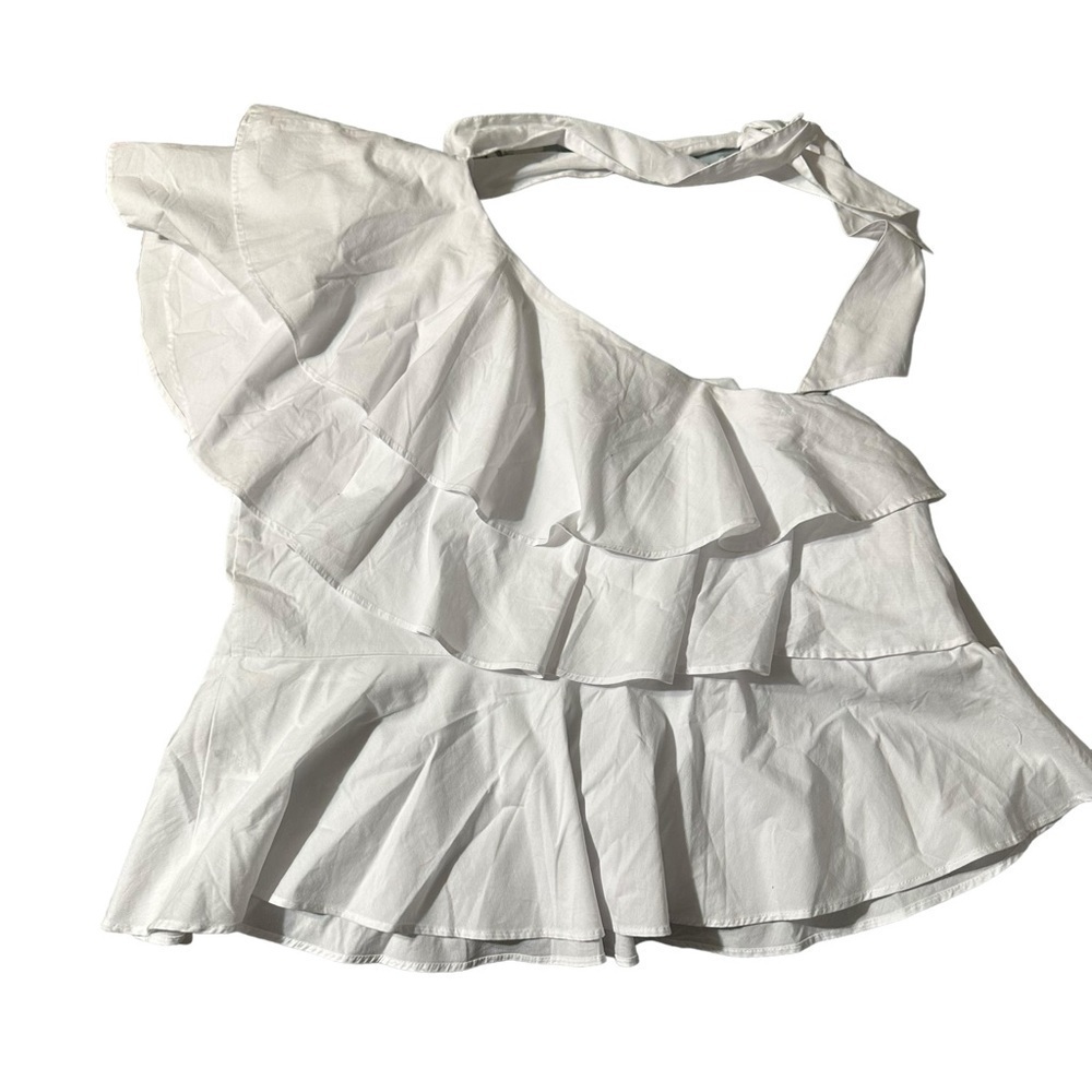 Leith White One-Shoulder Ruffle Tie-Neck Blouse - Picture 4 of 6